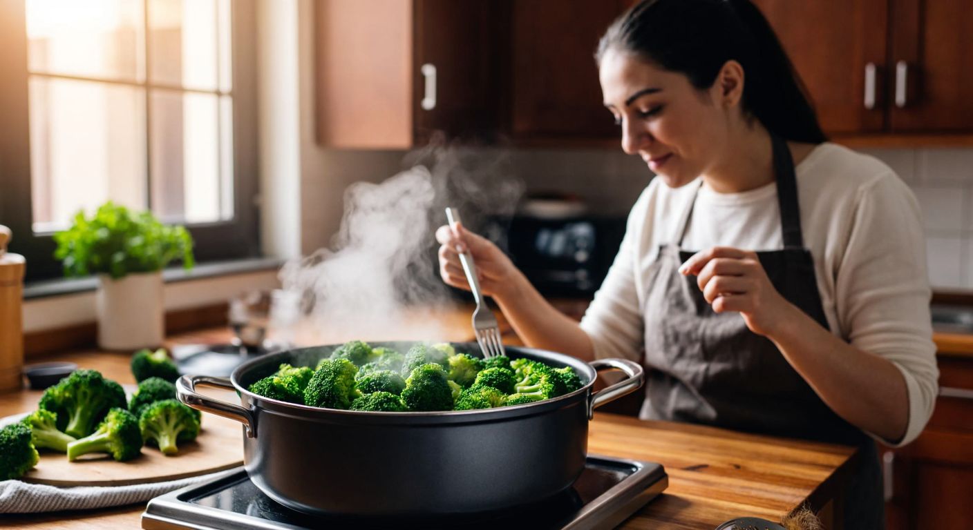 A steaming pot of vibrant green broccoli florets resting on a wooden kitchen counter, with a Turkish woman in an apron gently testing their tenderness with a fork, her face reflecting curiosity and satisfaction.