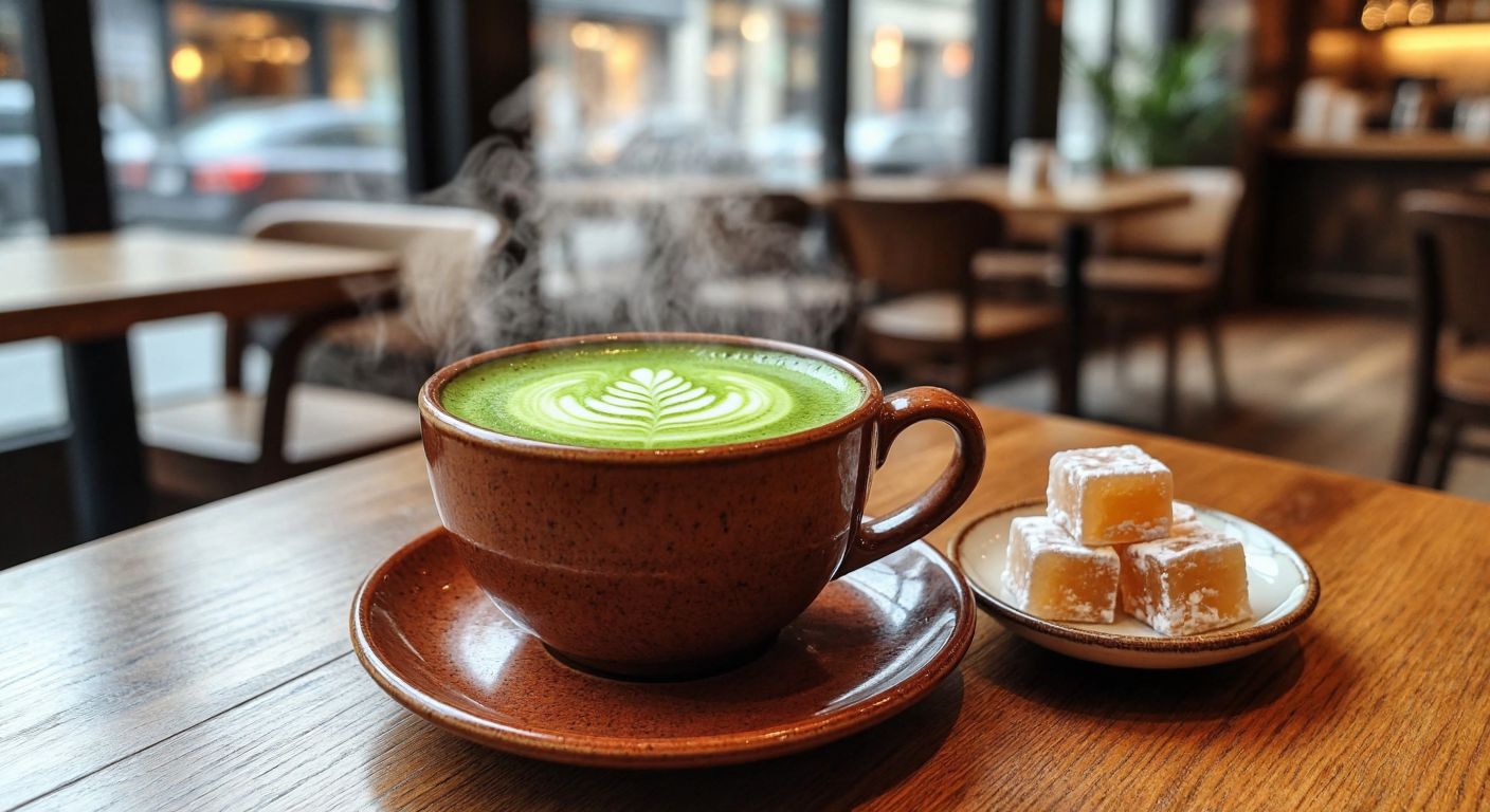 A warm ceramic cup filled with a swirling blend of vibrant green matcha and rich brown coffee, placed on a wooden table beside a small plate of Turkish delight, with steam gently rising in a cozy café setting.