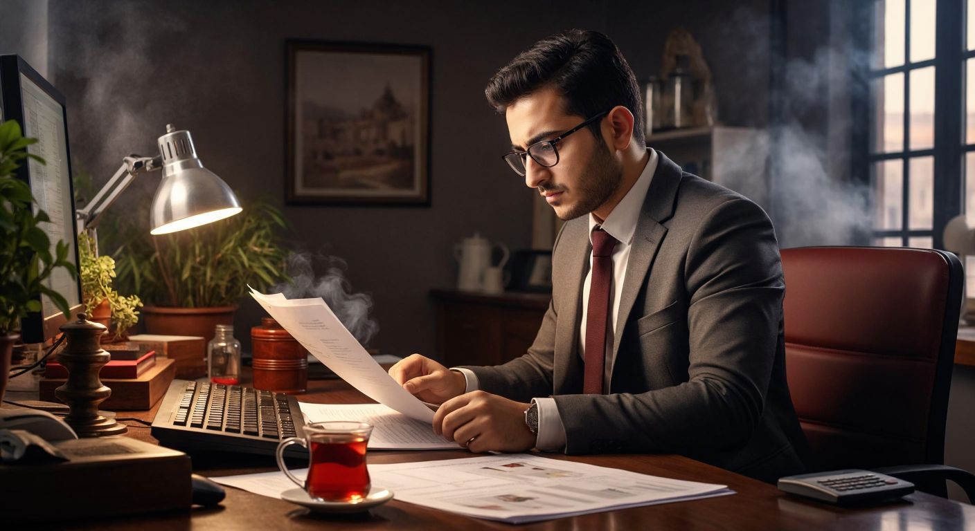 A Turkish accountant in a modern office, wearing glasses and a focused expression, adjusts settings on a computer screen while referencing a printed document, with a steaming cup of Turkish tea on the desk beside them.
