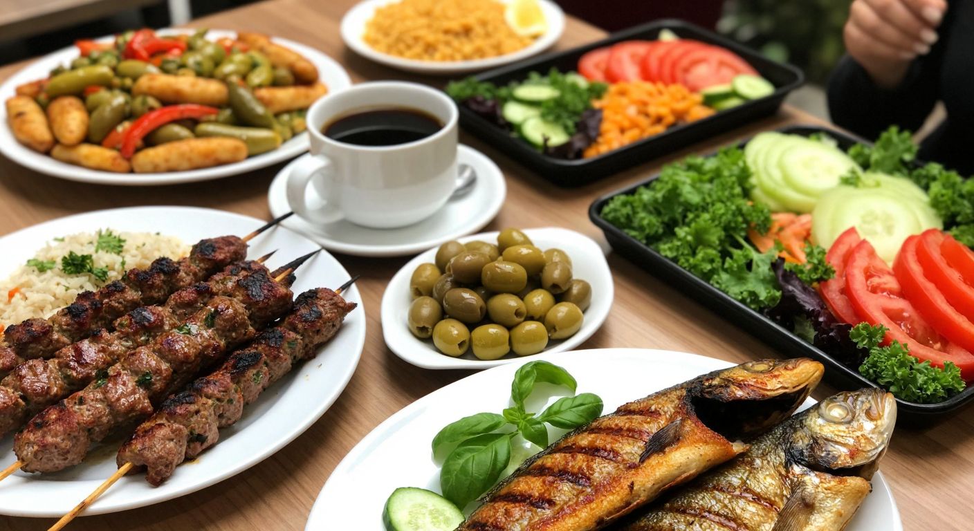 A Turkish dining table cluttered with plates of spicy kebabs, salty olives, and a steaming cup of coffee, contrasted by a separate tray of fresh vegetables, grilled fish, and whole grains, symbolizing the contrast between trigger foods and heart-healthy choices.