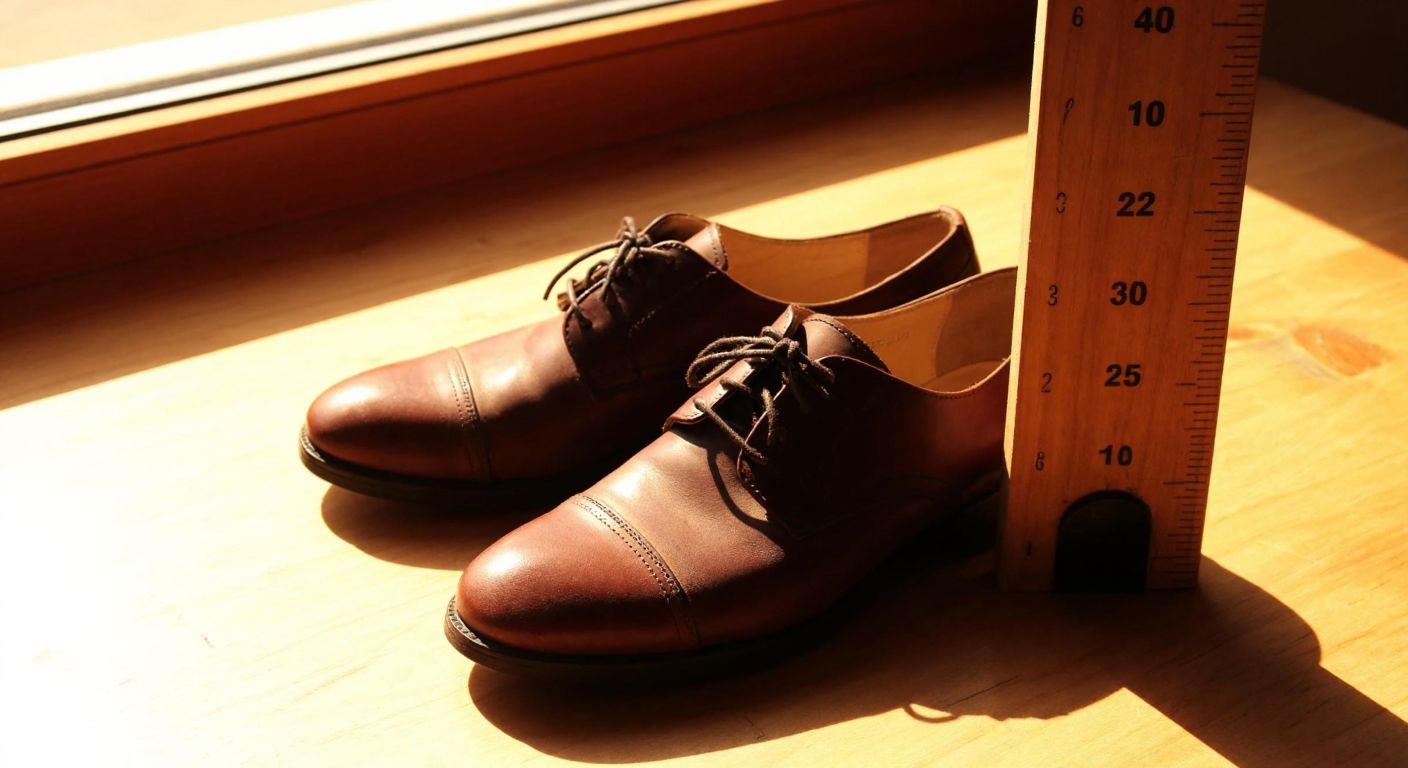 A pair of brown leather shoes placed next to a wooden ruler showing a measurement of 25 cm, with warm sunlight streaming through a window onto a rustic wooden table.