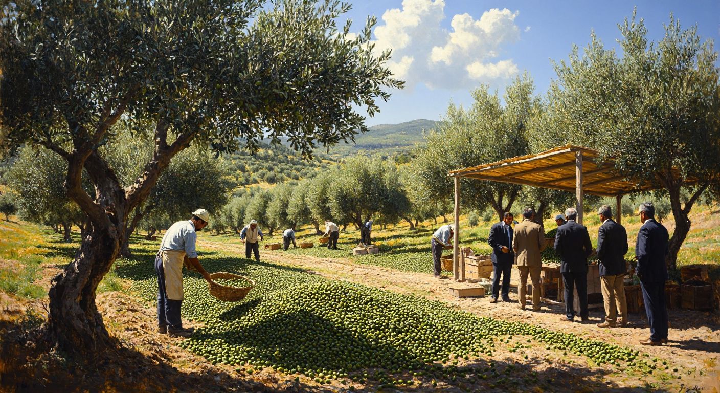 A sunlit olive grove in Turkey with workers carefully harvesting ripe olives, while a group of officials in formal attire discuss under a shaded canopy nearby.