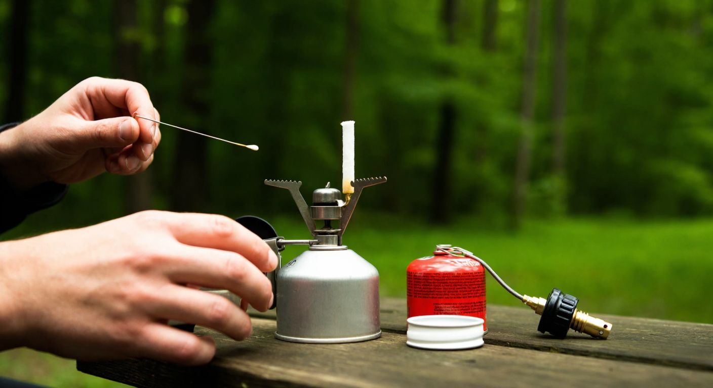 A person in a green forest clearing carefully examines a small camping stove with a broken ignition, holding a cotton swab and a thin needle while a spare flint and gas canister rest nearby on a wooden picnic table.