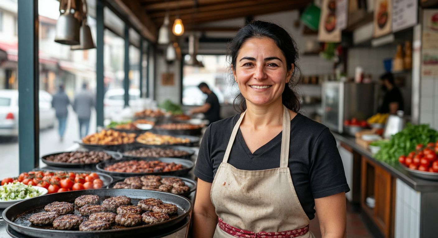 A smiling middle-aged woman with dark hair and a warm expression stands proudly in front of a sizzling tray of köfte in a bustling Turkish eatery, wearing a traditional apron from Trabzon.