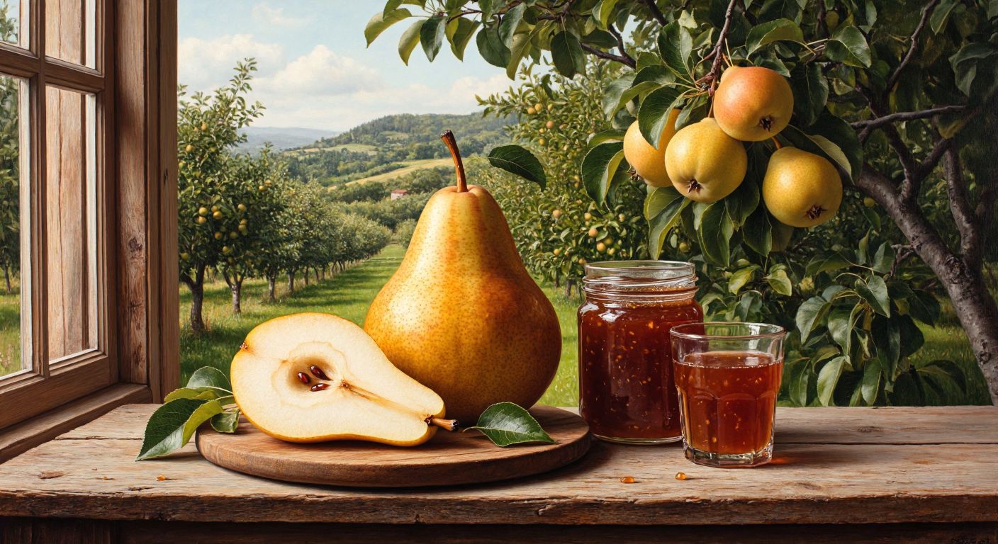 A golden-brown **bal armudu** (pear) rests on a rustic wooden table beside a jar of homemade jam, a slice of pear cake, and a small glass of fresh juice, with sunlight filtering through a window onto a lush green orchard in the background.