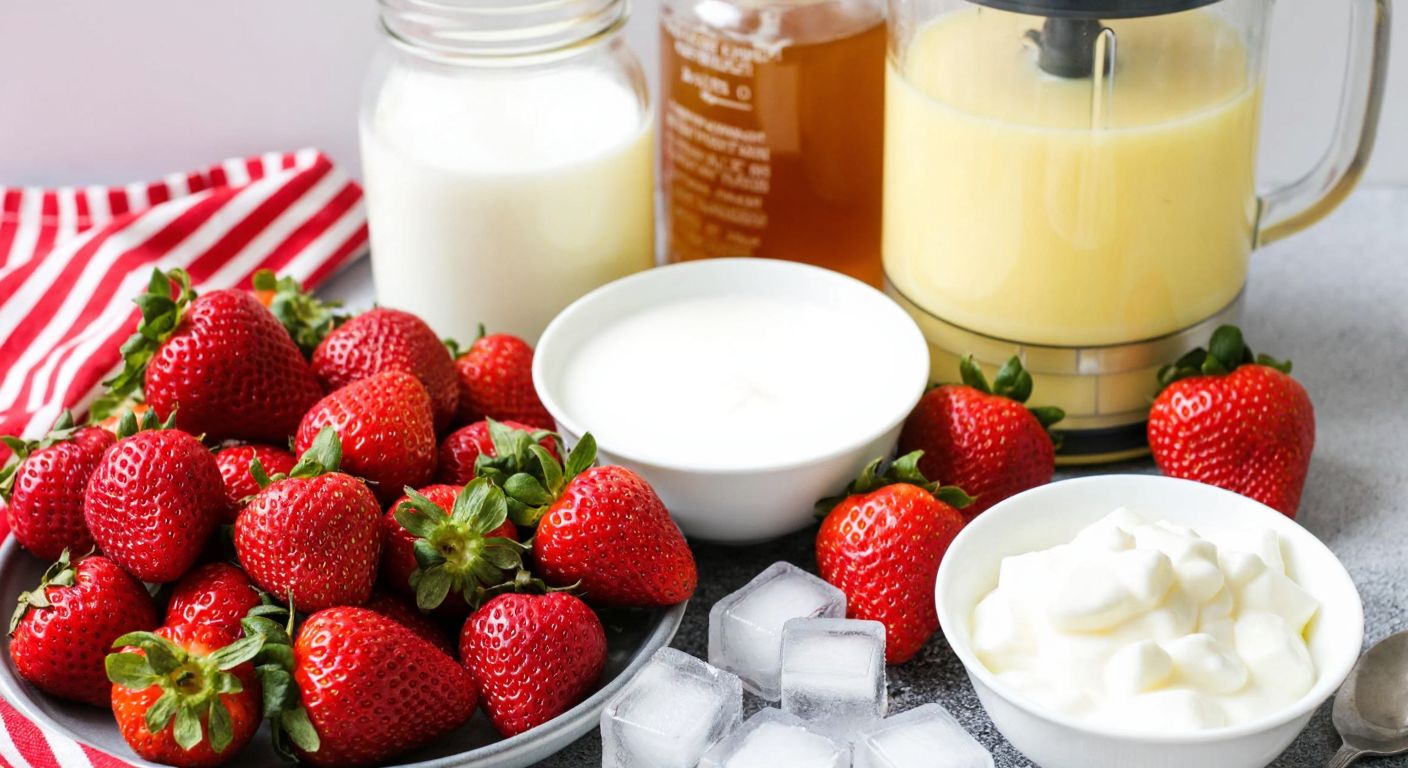 A vibrant Turkish kitchen counter with fresh strawberries, a bowl of yogurt, a glass of milk, a jar of honey, and ice cubes arranged neatly beside a blender.