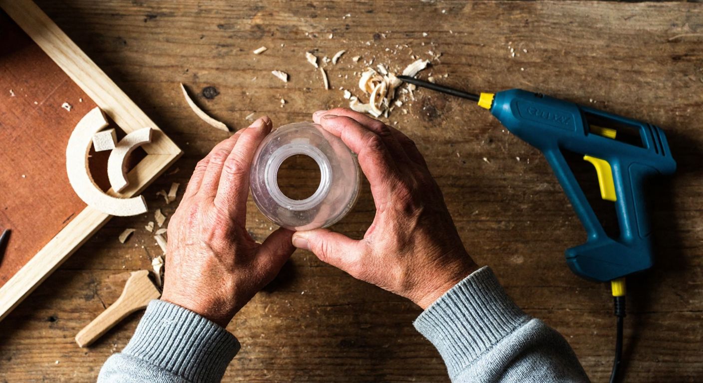 A pair of weathered hands carefully gluing semicircular wooden strips around a cut plastic bottle on a rustic wooden workbench, with scattered wood shavings and a hot glue gun nearby.