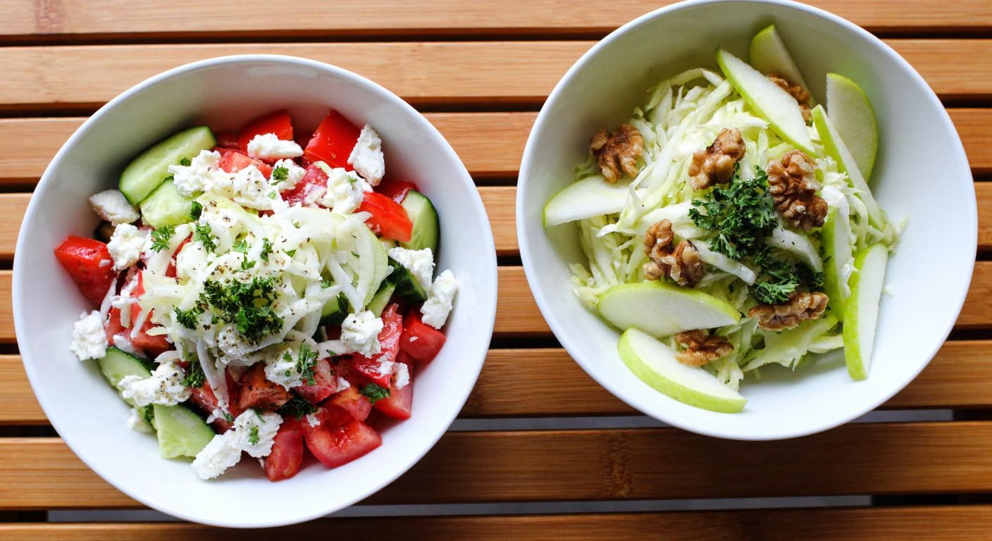 A vibrant wooden table displays two bowls: one filled with a colorful Shopska salad of diced tomatoes, cucumbers, peppers, and crumbled white cheese, and the other with a chunky Balkan salad of shredded cabbage, green apple slices, walnuts, and fresh herbs, both drizzled with olive oil and garnished with parsley.