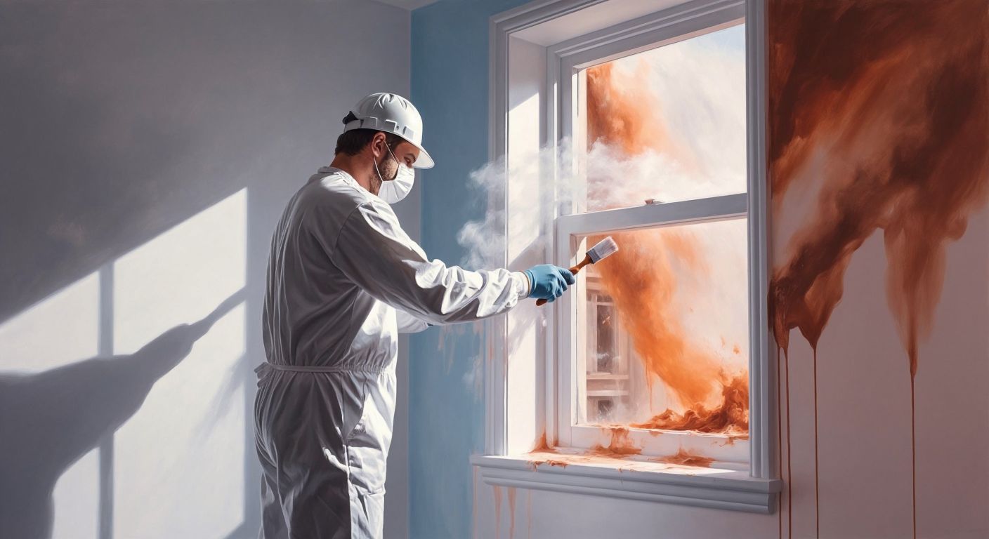 A painter in a white jumpsuit carefully rolls glossy oil paint onto an office wall, wearing a mask for protection, while an open window lets in fresh air to disperse the strong fumes.
