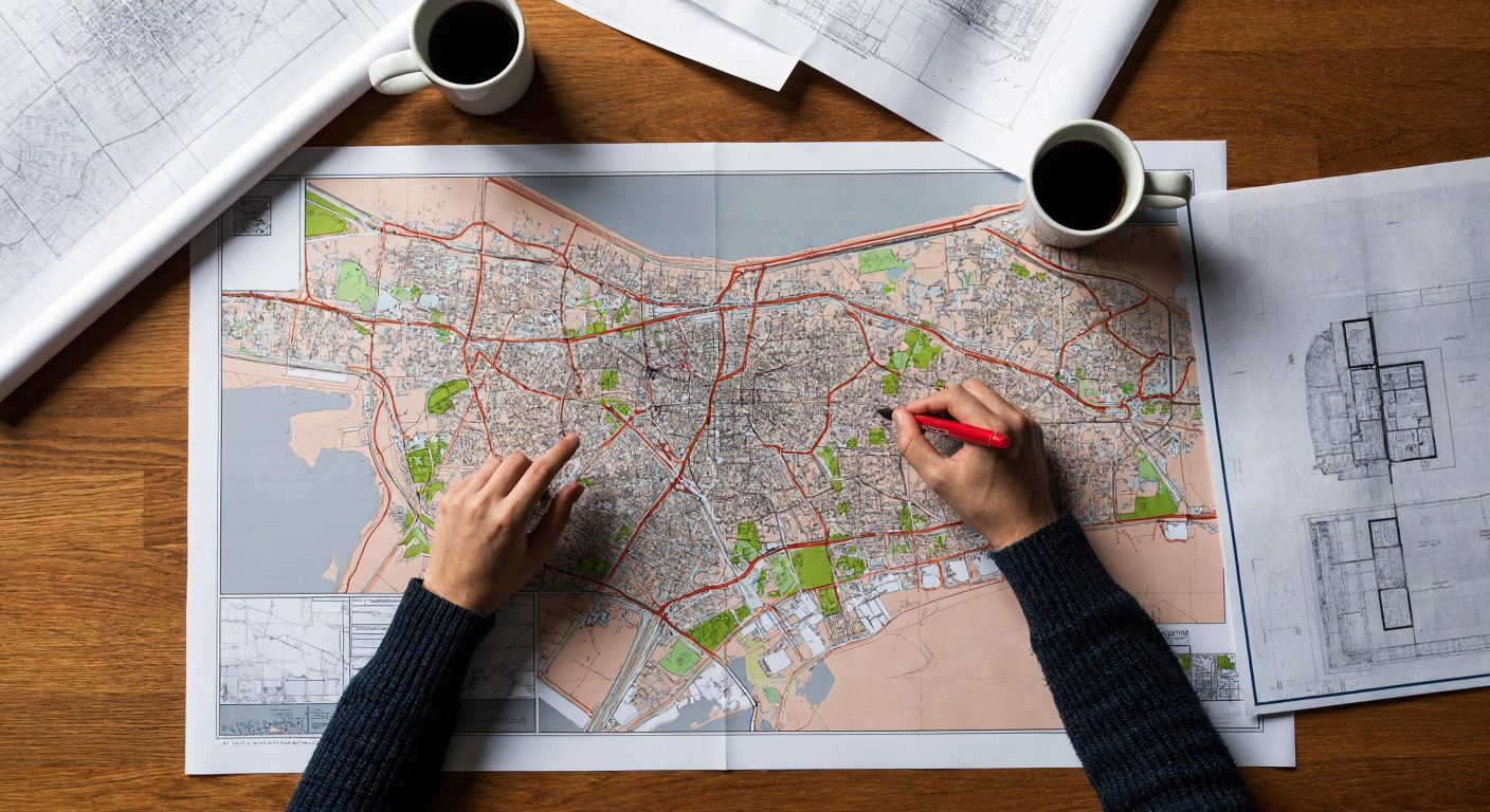 A detailed urban planning map of Turkey spread on a wooden table, with architects pointing at zones marked in different colors, surrounded by blueprints and coffee cups.