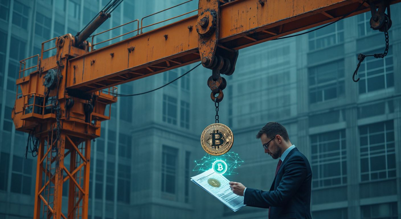 A sturdy industrial crane with a tension-measuring device on its rope, a digital coin glowing with blockchain patterns, and a banker reviewing a high-risk loan document, all set against a neutral background.