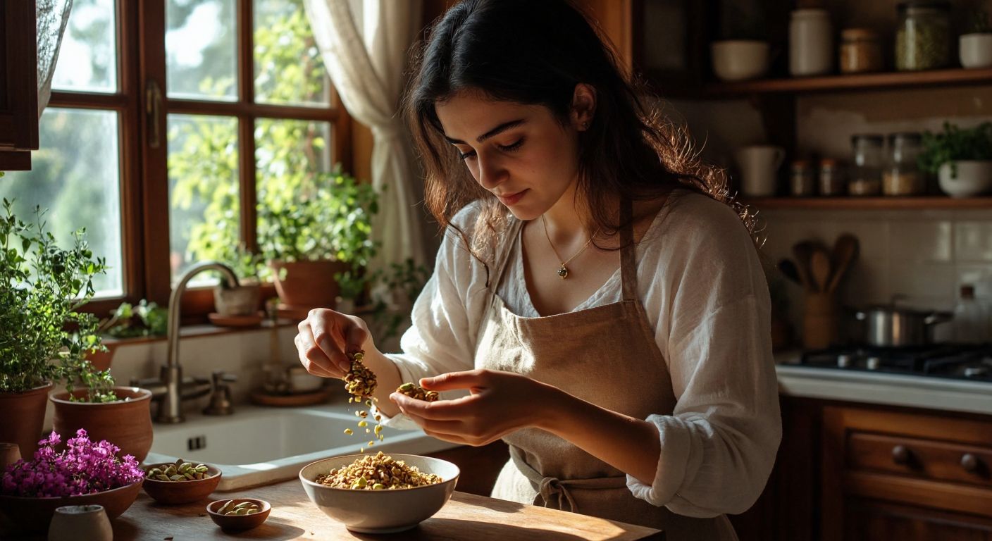 A Turkish woman in a cozy kitchen carefully sprinkles a small handful of pistachio-studded granola over a bowl of yogurt, her expression thoughtful as she balances indulgence with health.