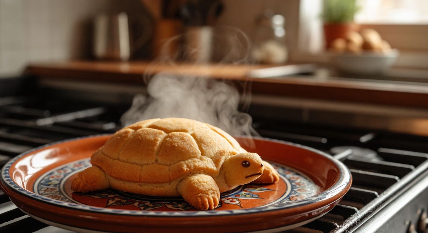 A golden-brown turtle-shaped cookie fresh out of the oven, resting on a traditional Turkish ceramic tray, with steam rising and a warm kitchen in the background.