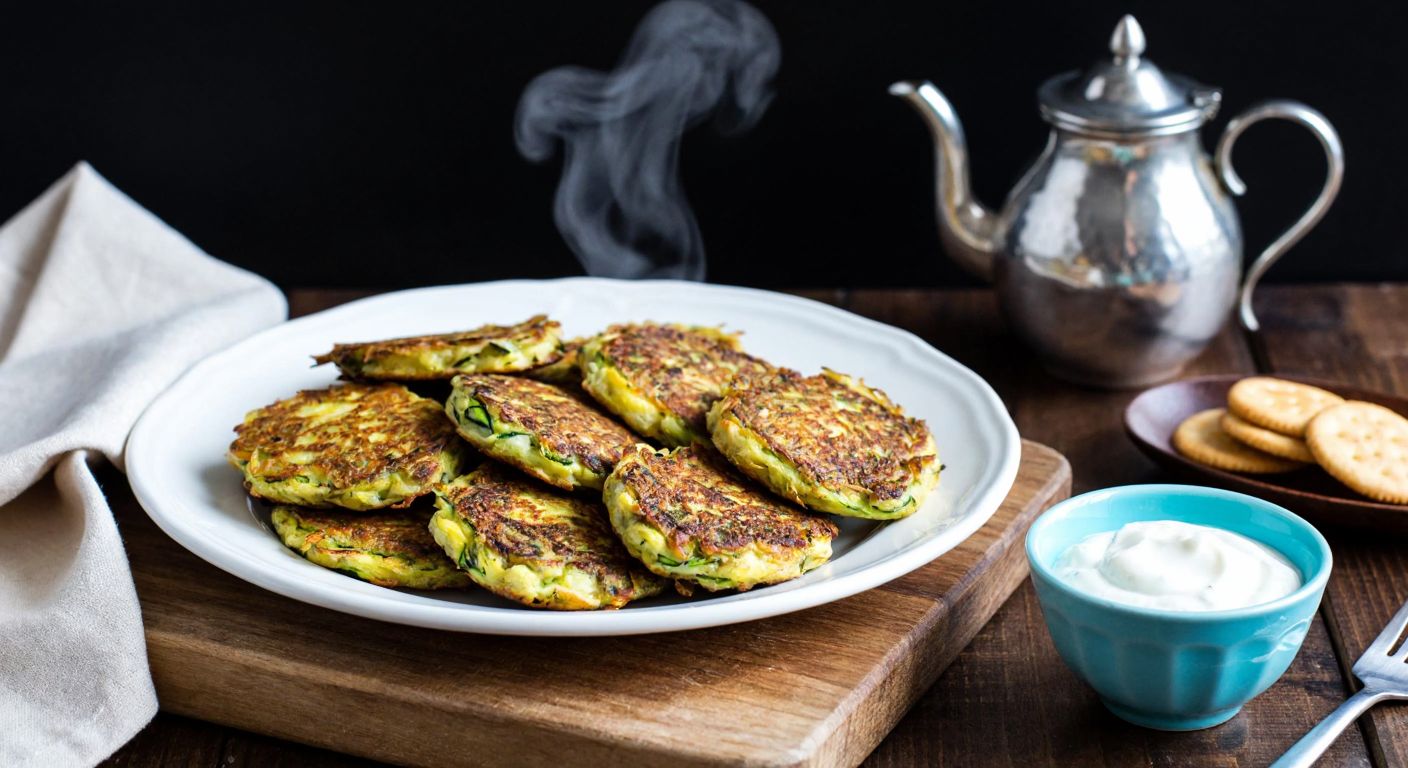 A golden-brown plate of crispy mixed zucchini fritters (mücver) resting on a rustic wooden table, with a steaming teapot and a bowl of yogurt dip nearby, evoking a cozy Turkish kitchen.