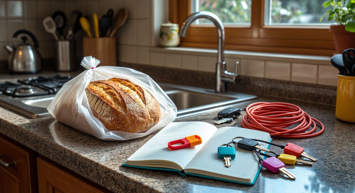 A Turkish kitchen counter with a fresh loaf of bread in a reusable plastic bag clipped shut by a colorful plastic clip, surrounded by neatly coiled cables, labeled keys, and an open notebook with the same clip marking a page.