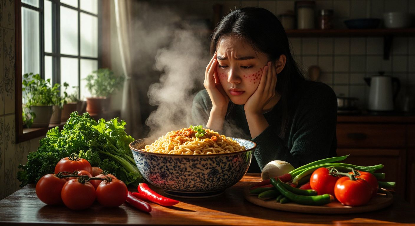 A steaming bowl of Indomie noodles sits on a wooden table, surrounded by fresh vegetables and a concerned young adult touching their acne-prone cheek under warm indoor lighting.