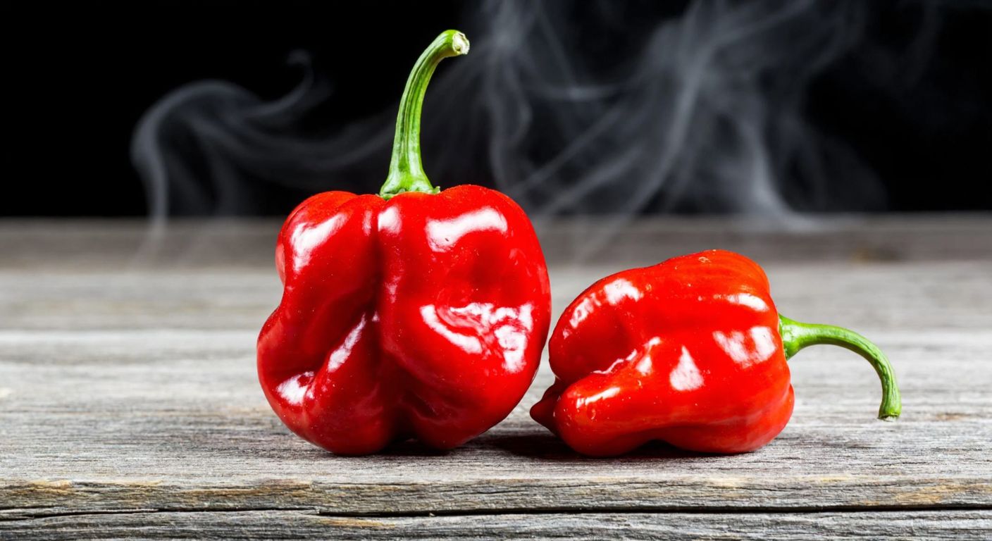 A vibrant red Carolina Reaper pepper glowing intensely beside a slightly smaller, deep red Trinidad Moruga Scorpion pepper, both resting on a rustic wooden table with steam rising to emphasize their heat.
