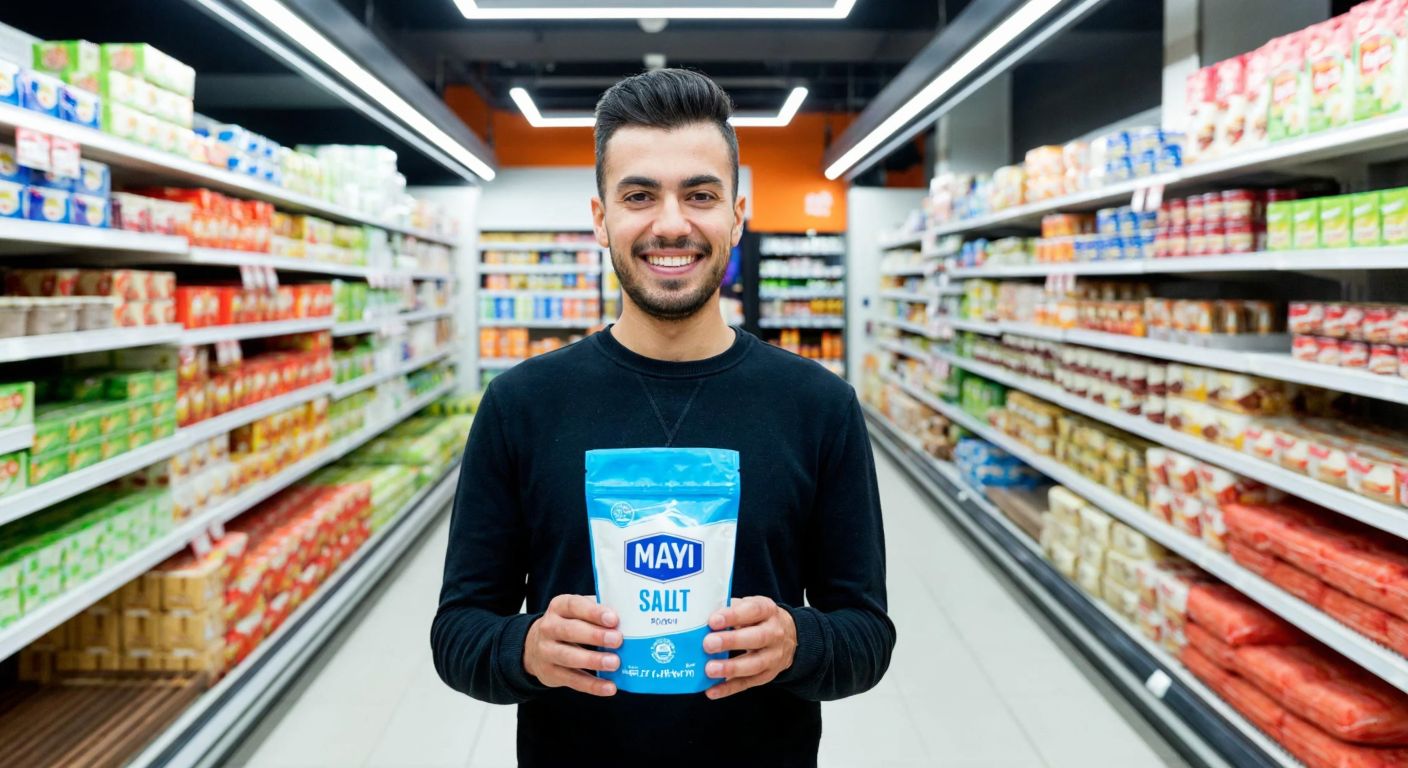 A smiling shopper in a bright Migros supermarket aisle holding a blue-and-white package of Mayi salt, surrounded by neatly stacked shelves of Turkish groceries.