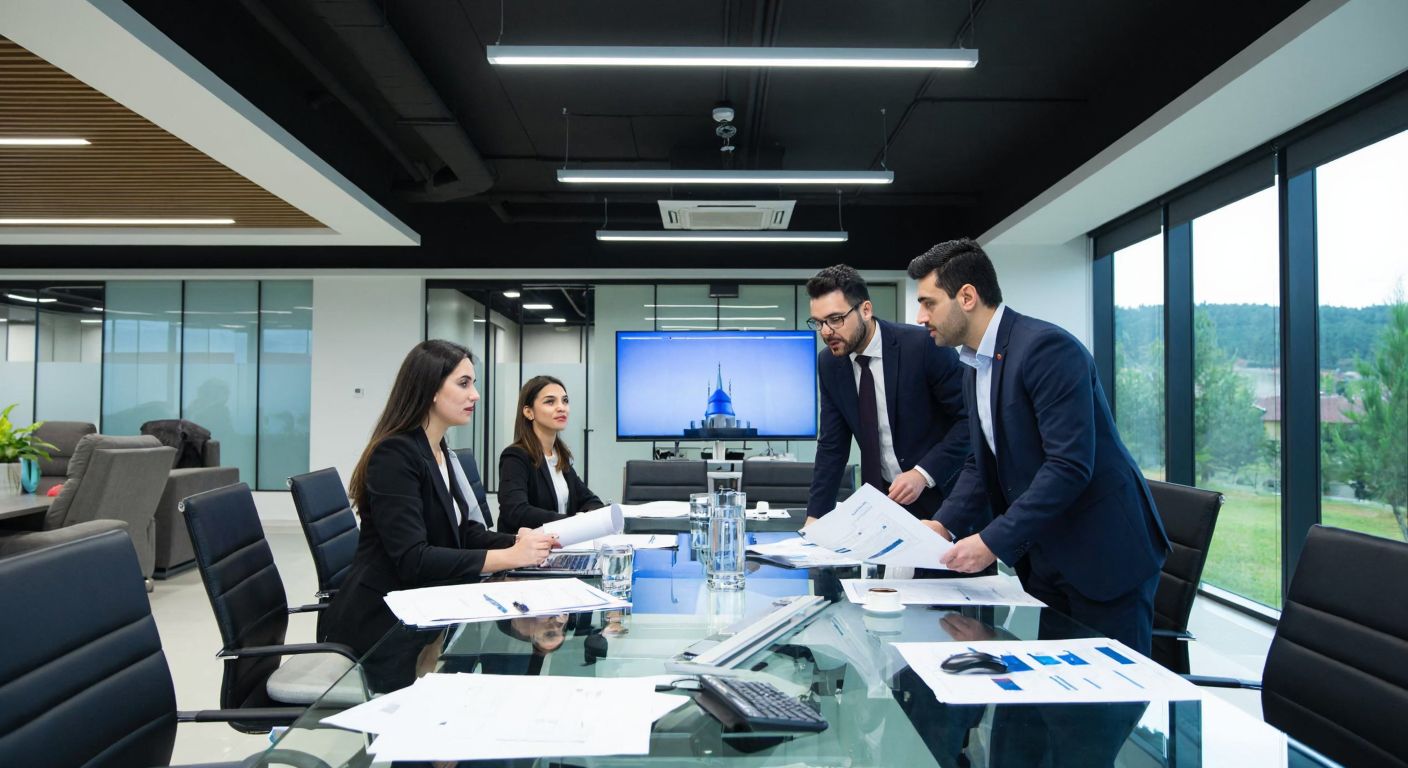 A modern Turkish technopark building with professionals in business attire discussing documents at a glass meeting table, surrounded by computers and blueprints, under bright fluorescent lights.