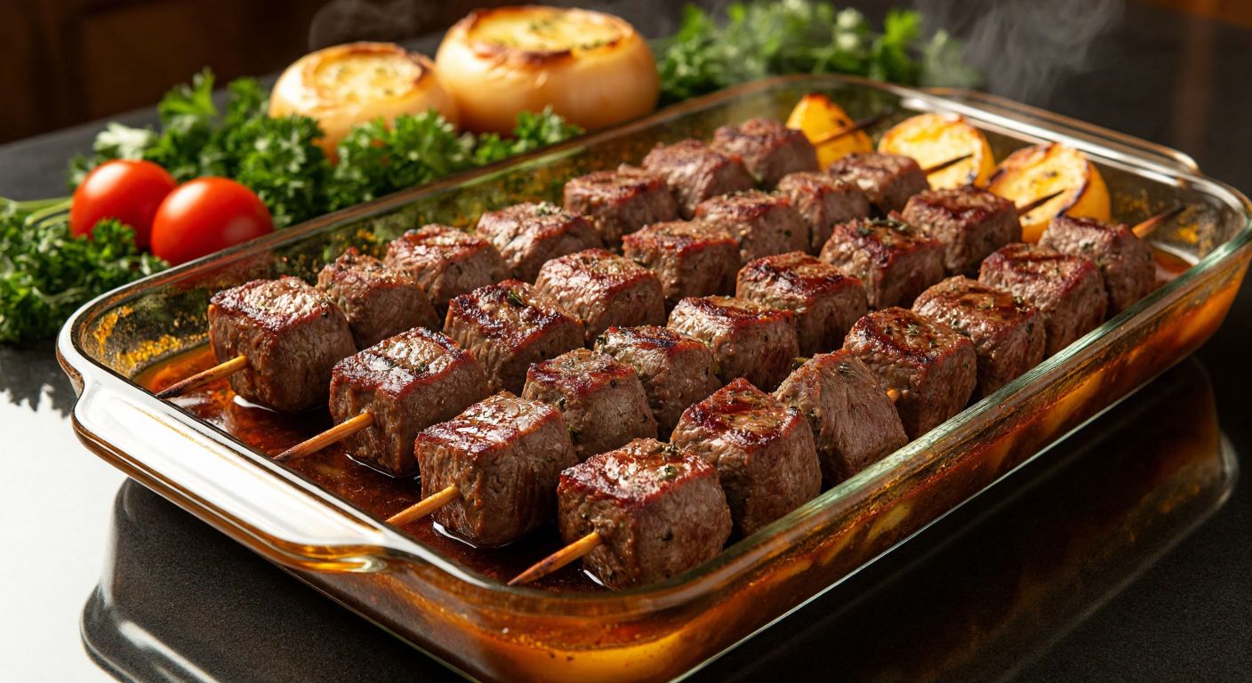 A steaming tray of cubed lamb kebabs arranged neatly on a deep rectangular borcam dish, surrounded by roasted vegetables and fresh herbs, with warm golden light reflecting off the glazed ceramic surface.