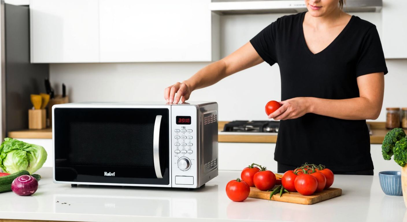 A modern Turkish kitchen with a Fakir microwave placed on a clean countertop, surrounded by fresh ingredients like tomatoes and peppers, while a person in casual home attire carefully adjusts the settings with a focused expression.