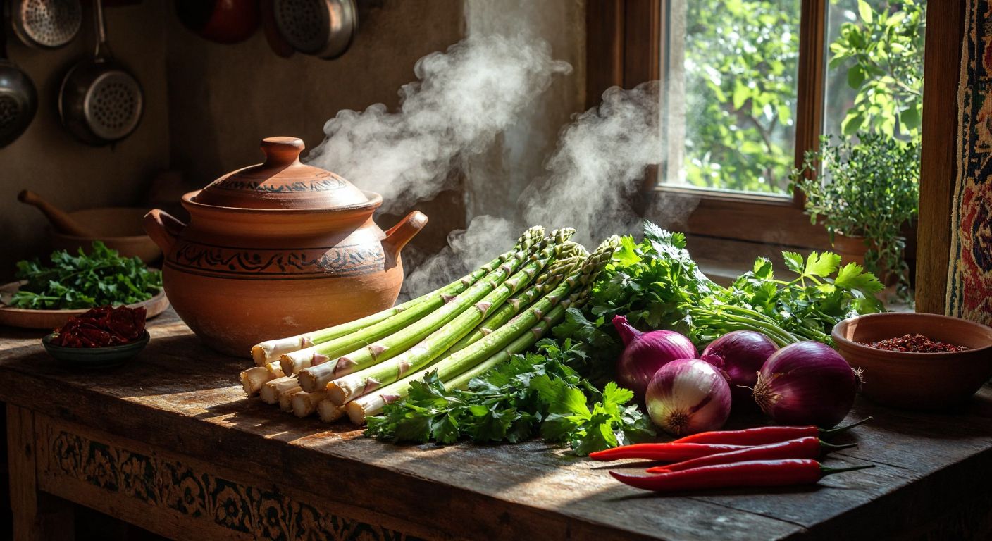 A rustic wooden table in a sunlit Turkish kitchen holds a vibrant arrangement of fresh asparagus, celery, red onions, and red chili peppers, with steam rising from a nearby clay pot.