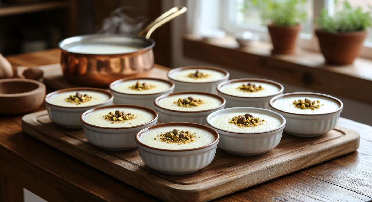A wooden kitchen table in a cozy Turkish home is covered with small bowls of creamy milk-based desserts—muhallebi, sütlaç, and kazandibi—garnished with cinnamon and crushed pistachios, while a steaming pot of milk sits nearby.