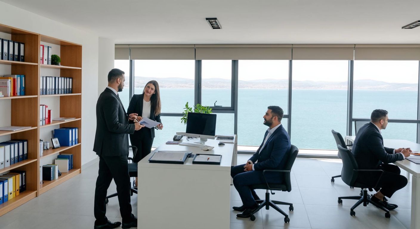 A modern office in Çanakkale with professionals in business attire discussing trade documents, surrounded by shelves of files and a large window overlooking the Dardanelles Strait.