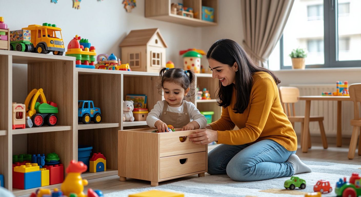 A cheerful Turkish mother and child examining a sturdy wooden toy cabinet with rounded edges in a bright, organized children's room filled with colorful toys.