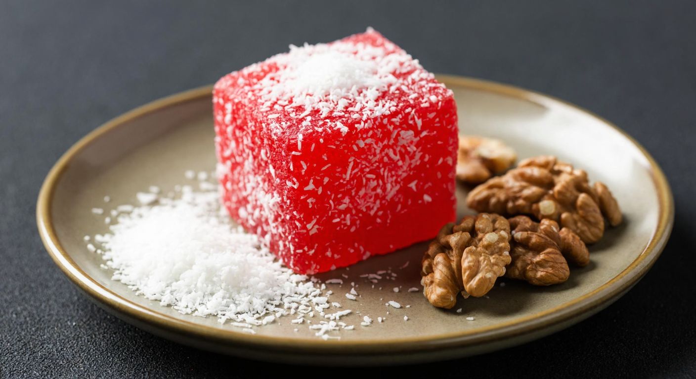 A vibrant Turkish delight cube dusted with coconut flakes, resting on a small ceramic plate beside a handful of walnuts, evoking a balance of indulgence and health.
