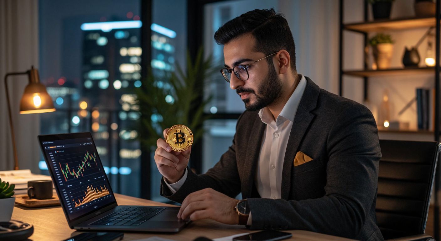 A Turkish investor in a modern home office, confidently analyzing cryptocurrency charts on a laptop while holding a golden Bitcoin coin, with stablecoin logos subtly glowing in the background.