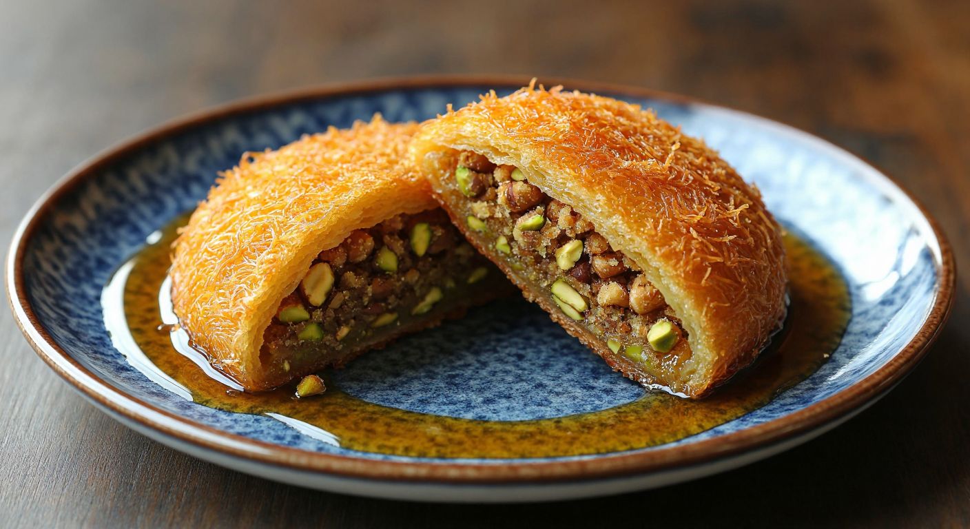 A golden-brown, crispy **tel kadayıf** pastry, split open to reveal a generous filling of crushed **walnuts and pistachios**, resting on a traditional Turkish ceramic plate with a warm, honeyed glaze drizzled over it.