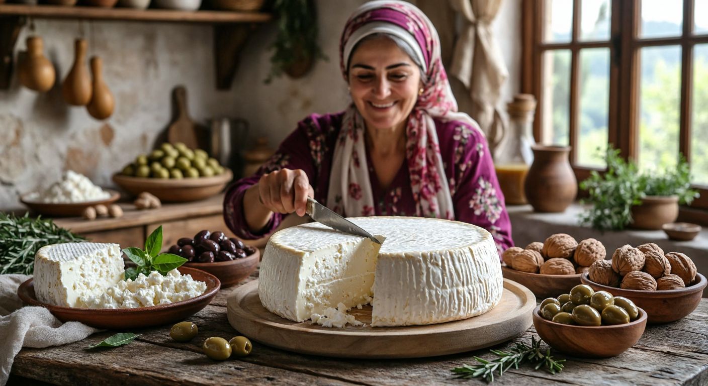 A rustic wooden table in a cozy Turkish kitchen holds a round, crumbly white cheese (Dağıstan peyniri) on a ceramic plate, surrounded by fresh olives, honeycomb, and walnuts, with a smiling middle-aged woman in a floral headscarf slicing the cheese with a traditional knife.