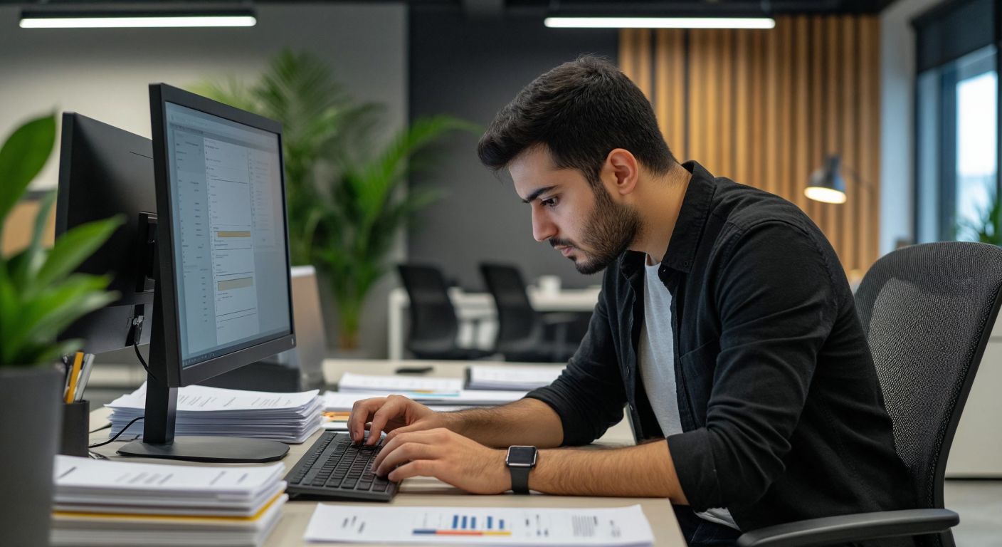 A person in a modern Turkish office setting, wearing casual business attire, intently adjusting line spacing settings on a computer screen with neatly arranged documents nearby.
