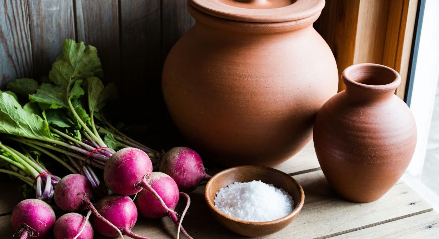 A rustic Turkish kitchen with a wooden table displaying fresh purple turnips, a bowl of coarse rock salt, and a traditional clay fermentation jar, evoking warmth and tradition.
