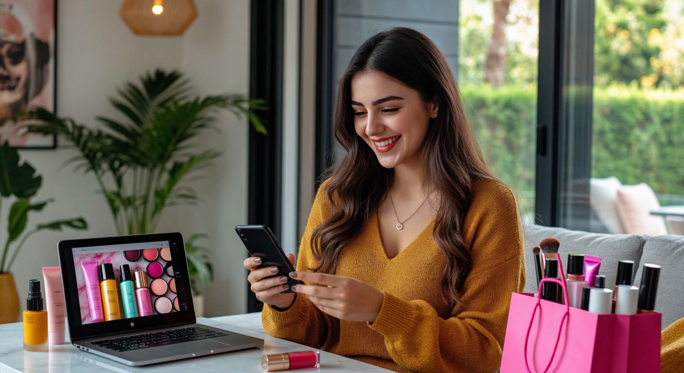 A smiling woman in a modern Turkish home holds a smartphone while browsing colorful cosmetics on a laptop screen, with a shopping bag full of beauty products beside her.