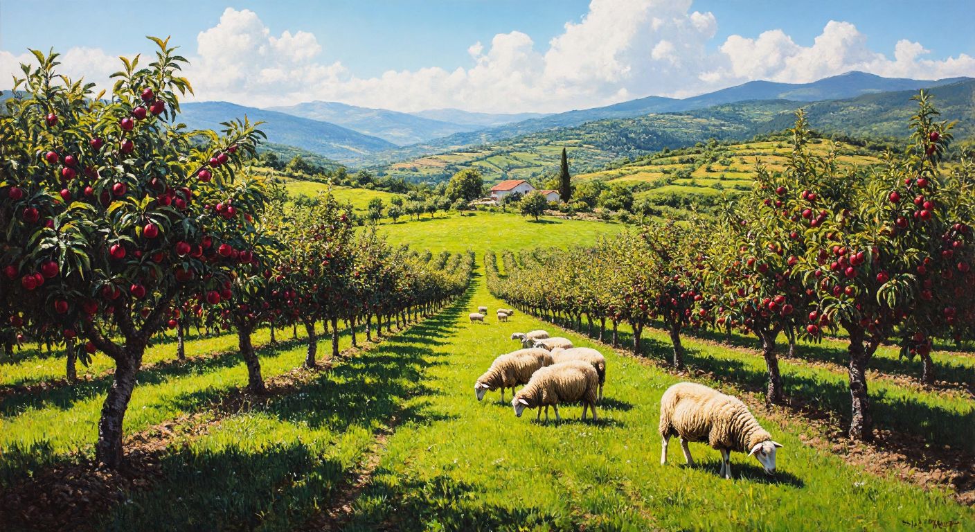 A vast sunlit farm in Balıkesir with rows of fruit trees heavy with peaches and cherries, while in the distance, a shepherd tends to a flock of Tahirova sheep grazing on lush green pastures.