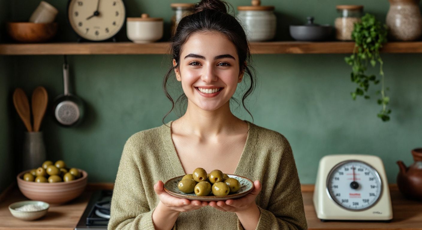 A Turkish woman in a cozy kitchen smiles while holding seven plump green olives and a dried fig on a small ceramic plate, with a kitchen scale showing weight loss in the background.