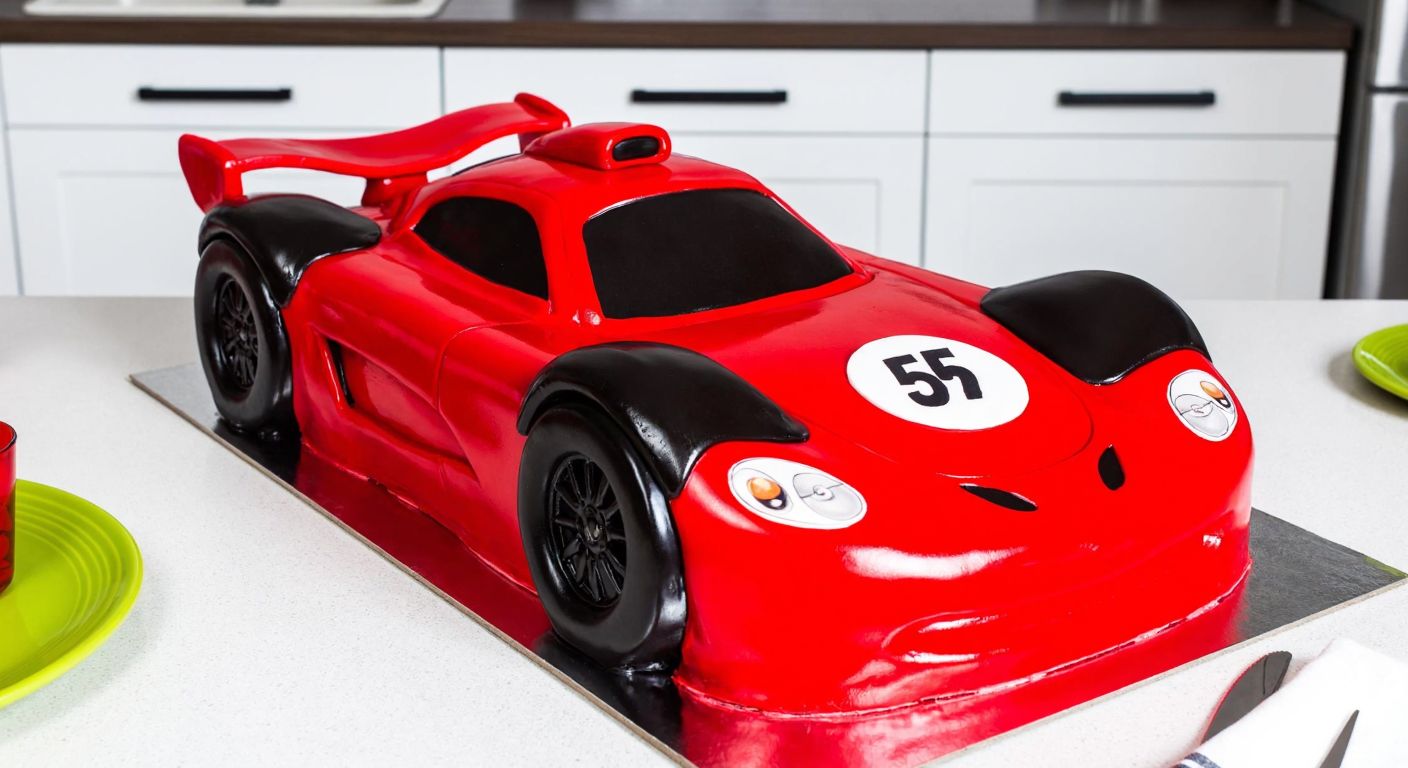 A vibrant red race car-shaped cake with glossy chocolate frosting, decorated with edible racing details, sitting on a kitchen counter in Turkey.