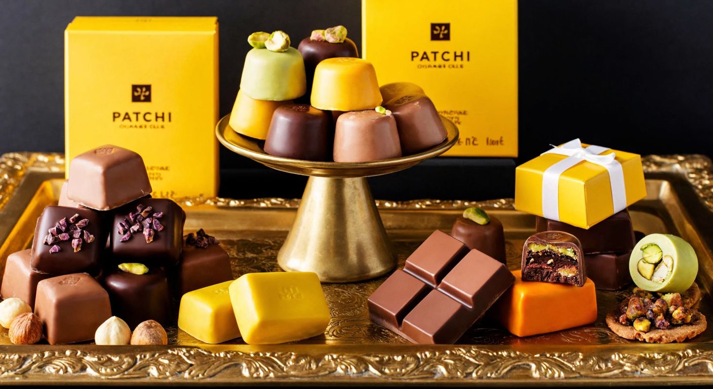 A vibrant display of Patchi chocolates arranged on a gold-trimmed tray, featuring rich hazelnut-filled gianduja, pistachio-studded bars, and orange-zest-infused squares, evoking indulgence and luxury.