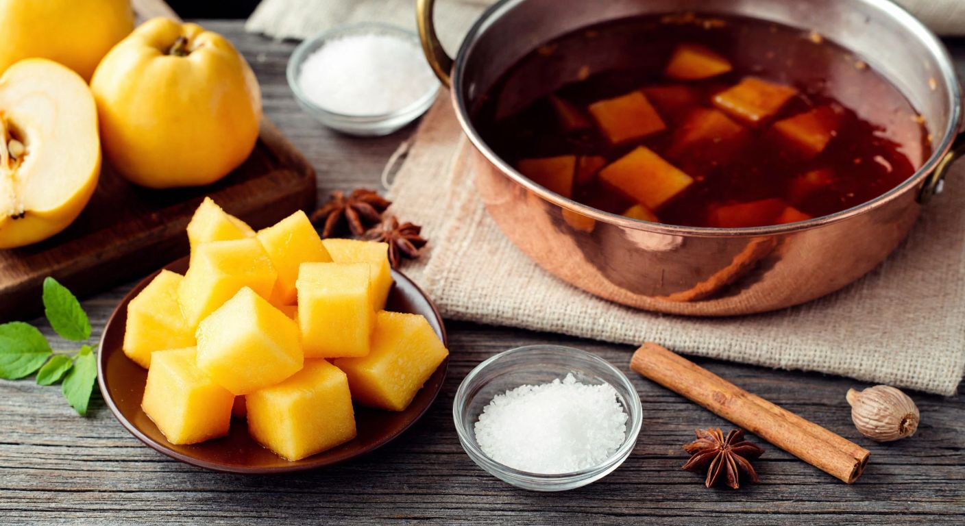 A rustic Turkish kitchen with golden cubes of peeled quince, sugar, cloves, and a cinnamon stick arranged on a wooden table, next to a bubbling copper pot filled with simmering quince jam.