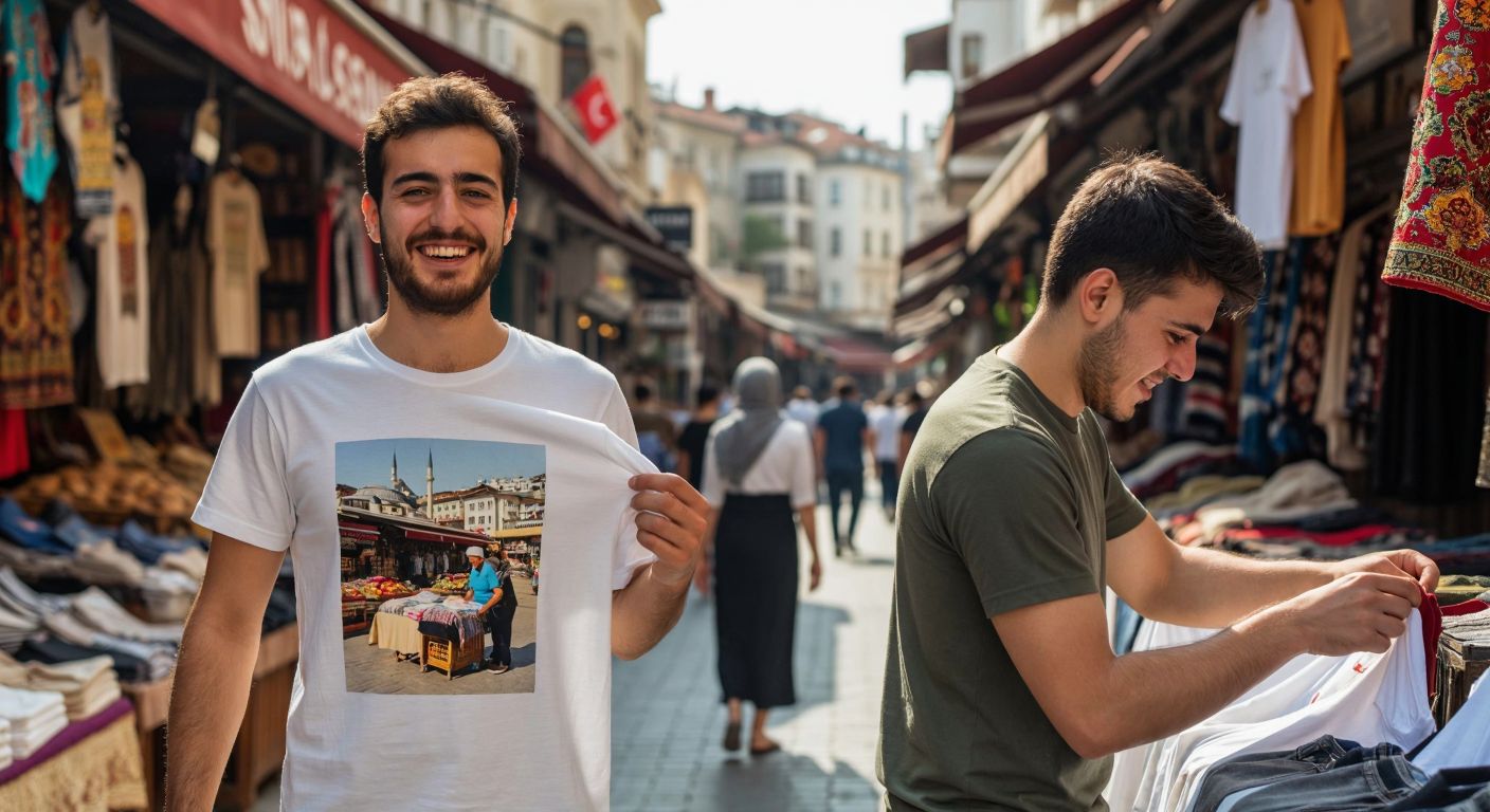 A split-image with one side showing a smiling Turkish customer holding a well-printed T-shirt, and the other side showing a frustrated person examining a faded garment, with a traditional Turkish bazaar in the background.