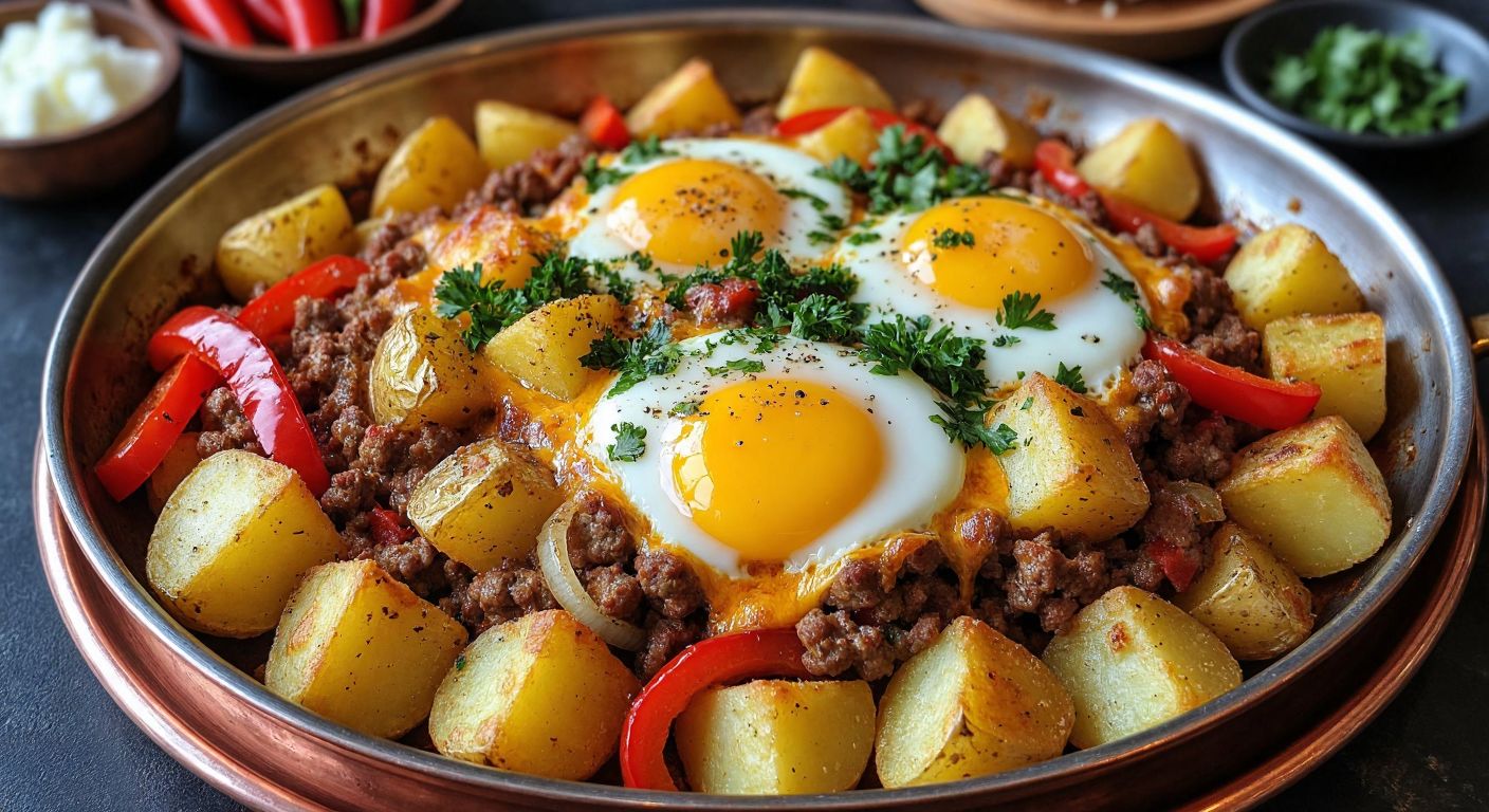 A sizzling copper pan filled with golden potato cubes, topped with melted cheese, fresh parsley, and a cracked egg, surrounded by diced onions, minced meat, and vibrant red peppers, evoking the rich flavors of Turkish home cooking.