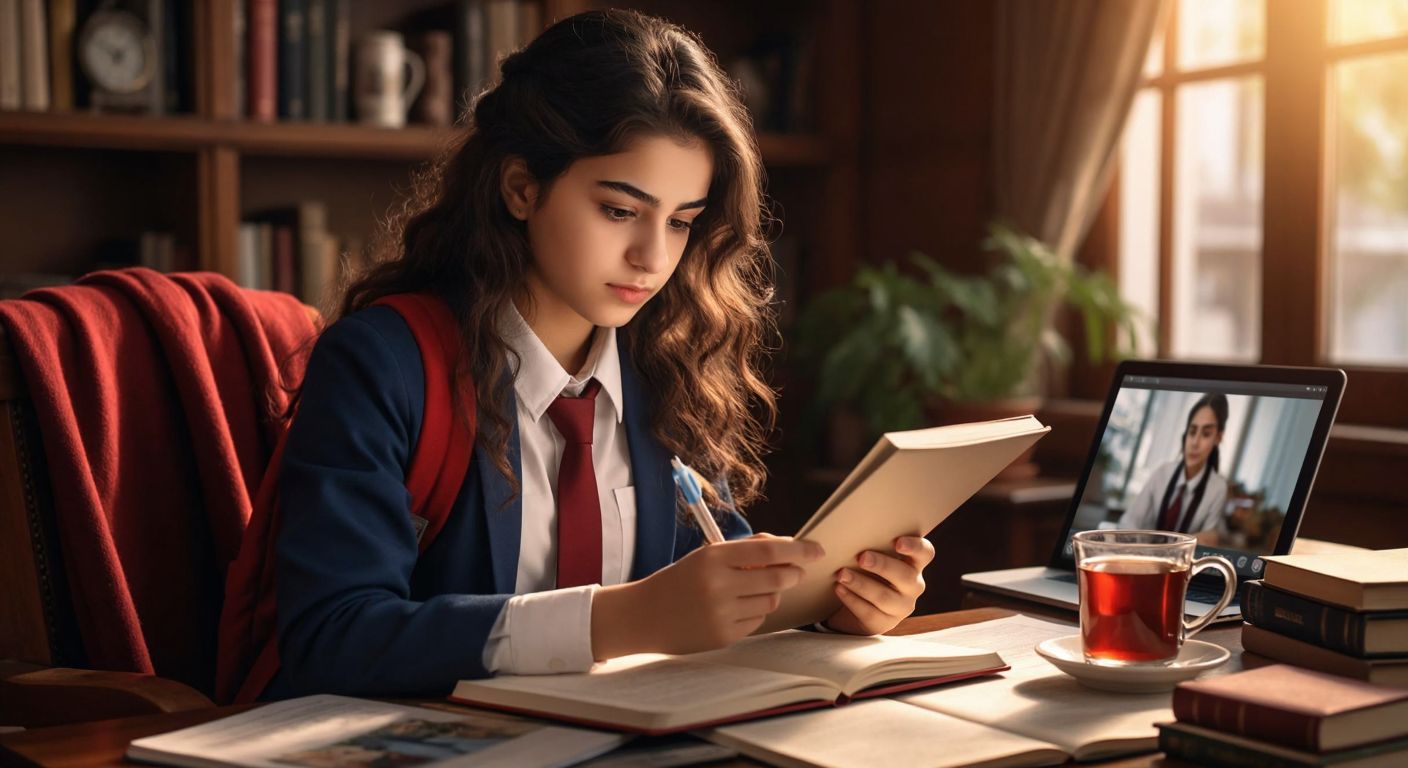 A young Turkish student in a cozy study room, wearing a school uniform, intently watches an educational video on a tablet while holding a notebook and pen, surrounded by textbooks and a steaming cup of Turkish tea.