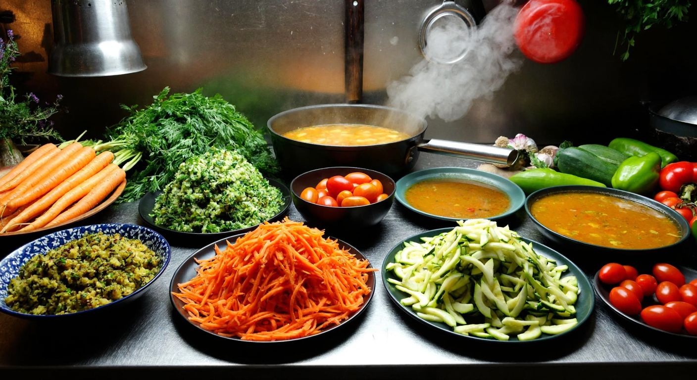 A vibrant Turkish kitchen counter displays freshly grated zucchini, carrots, and tomatoes arranged in colorful mounds, surrounded by bowls of herbs, a sizzling pan of mücver, and a steaming pot of vegetable soup, evoking warmth and culinary creativity.