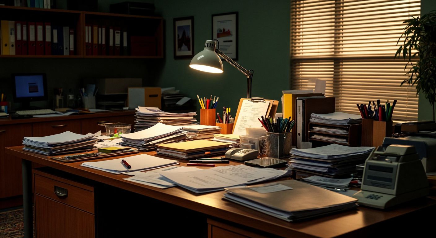 A cluttered wooden desk in a Turkish office, filled with stationery items like pens, staplers, folders, and lab equipment like test tubes, alongside scattered papers and a glowing desk lamp.