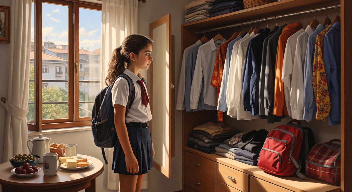 A young Turkish student in a school uniform stands in front of an open wardrobe, thoughtfully selecting clothes while glancing at a sunny window, with a neatly packed backpack and a breakfast plate of olives, cheese, and simit on a nearby table.