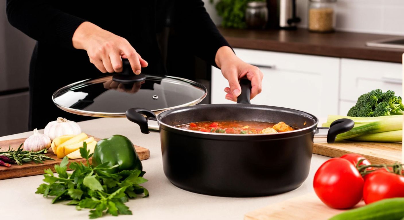 A Turkish kitchen countertop with an Essenso Ecotouch ceramic pot and pan, their glossy surfaces reflecting warm light, while a hand gently stirs a simmering dish inside, surrounded by fresh vegetables and herbs.
