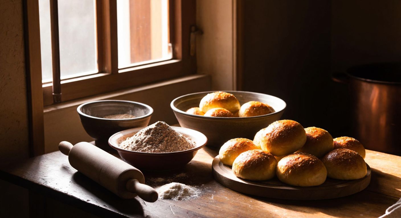 A rustic wooden table in a Turkish kitchen holds a bowl of dark buckwheat flour, a rolling pin, and freshly baked golden-brown poğaça, with warm sunlight streaming through the window.