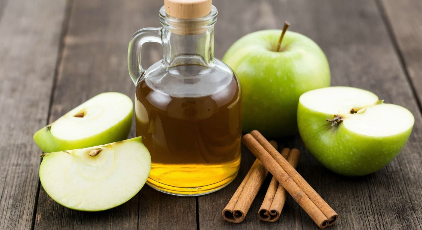 A clear glass bottle filled with golden apple liqueur, placed on a rustic wooden table beside freshly sliced green apples and cinnamon sticks, evoking warmth and autumnal coziness.